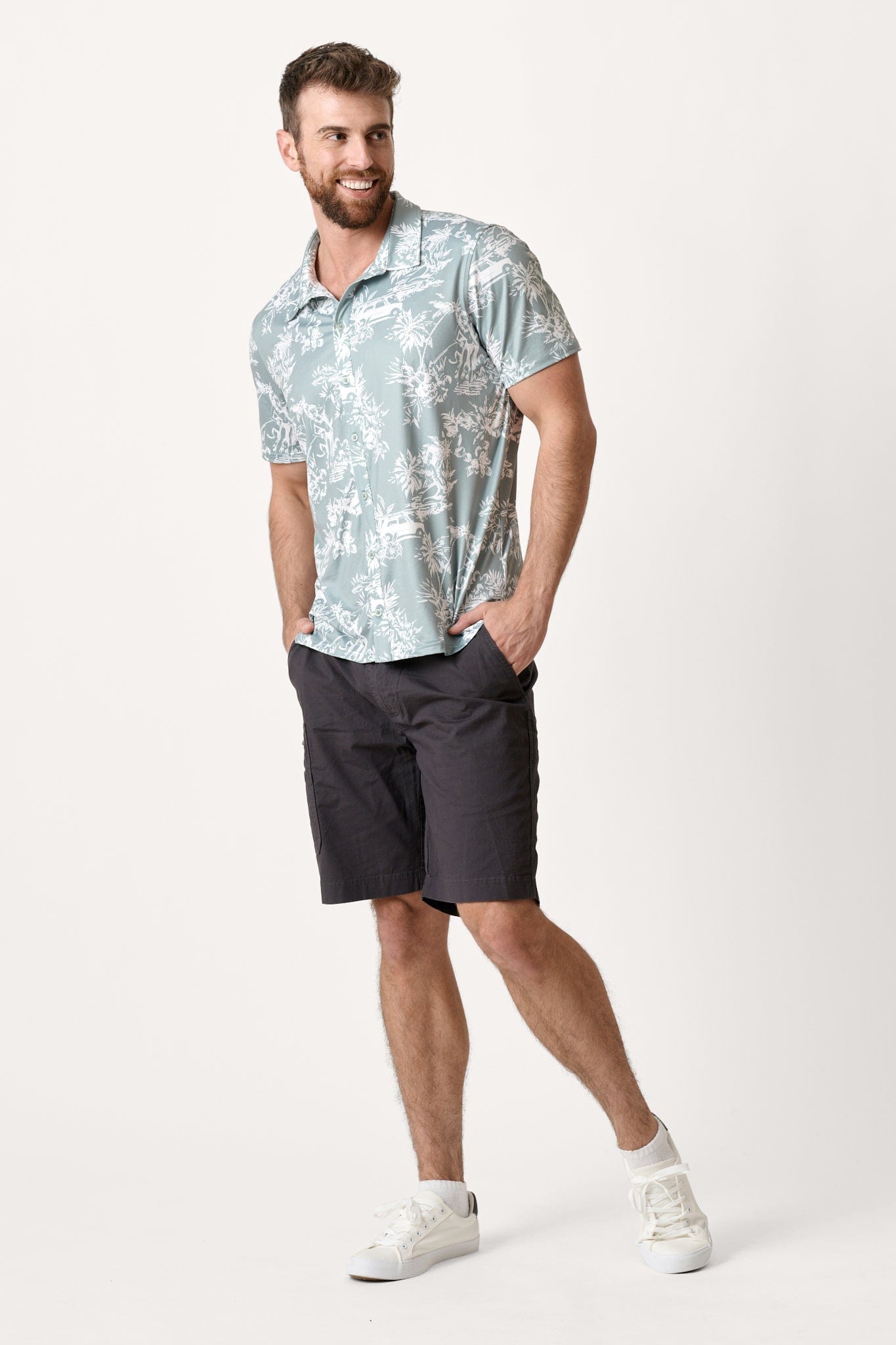 Male model dressed in cargo shorts with the WEARFIRST Dare to Venture Cargo Short in Pepper