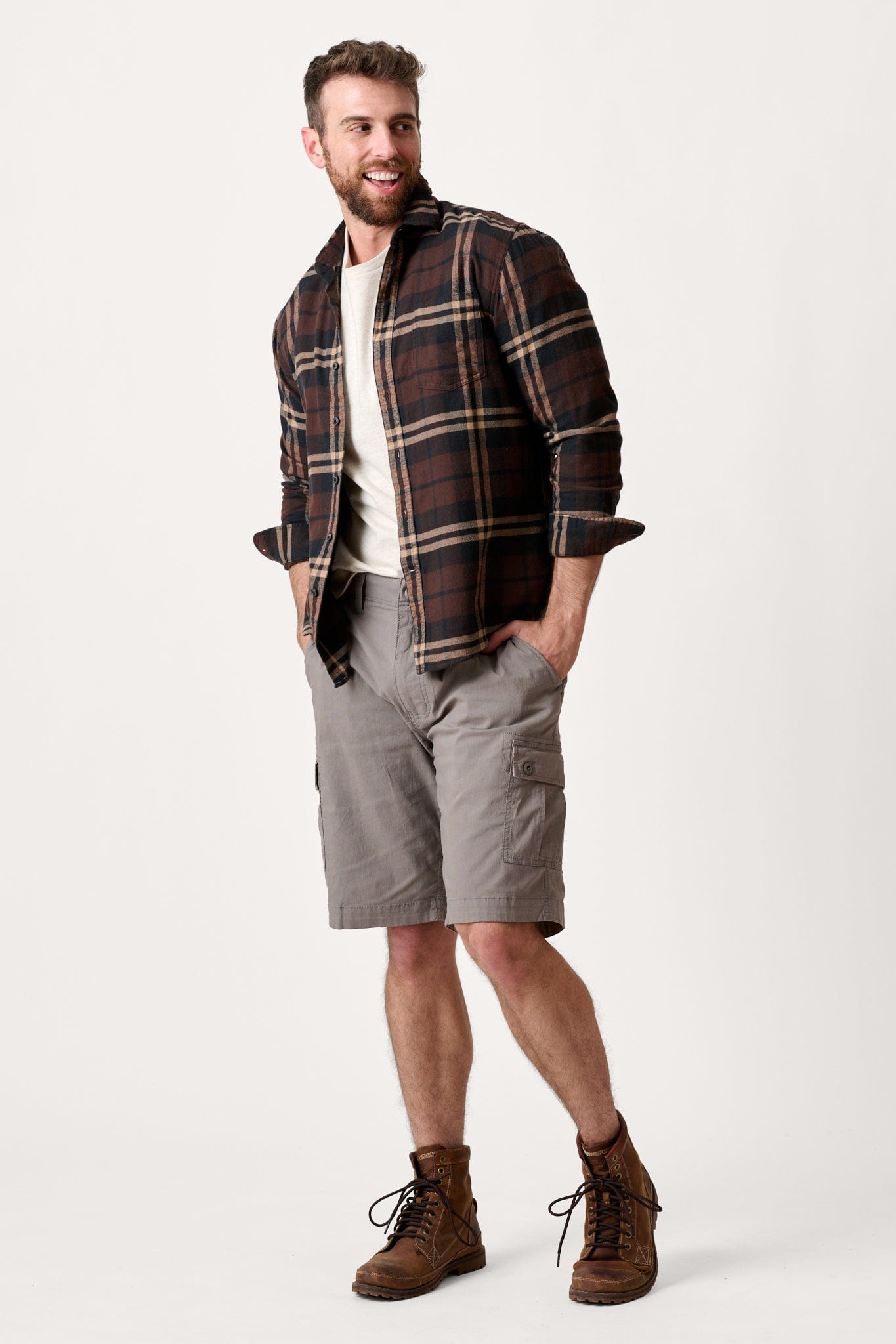 Male model casually dressed in hiking shorts with the WEARFIRST Canyon Day Hiker in Steel Grey