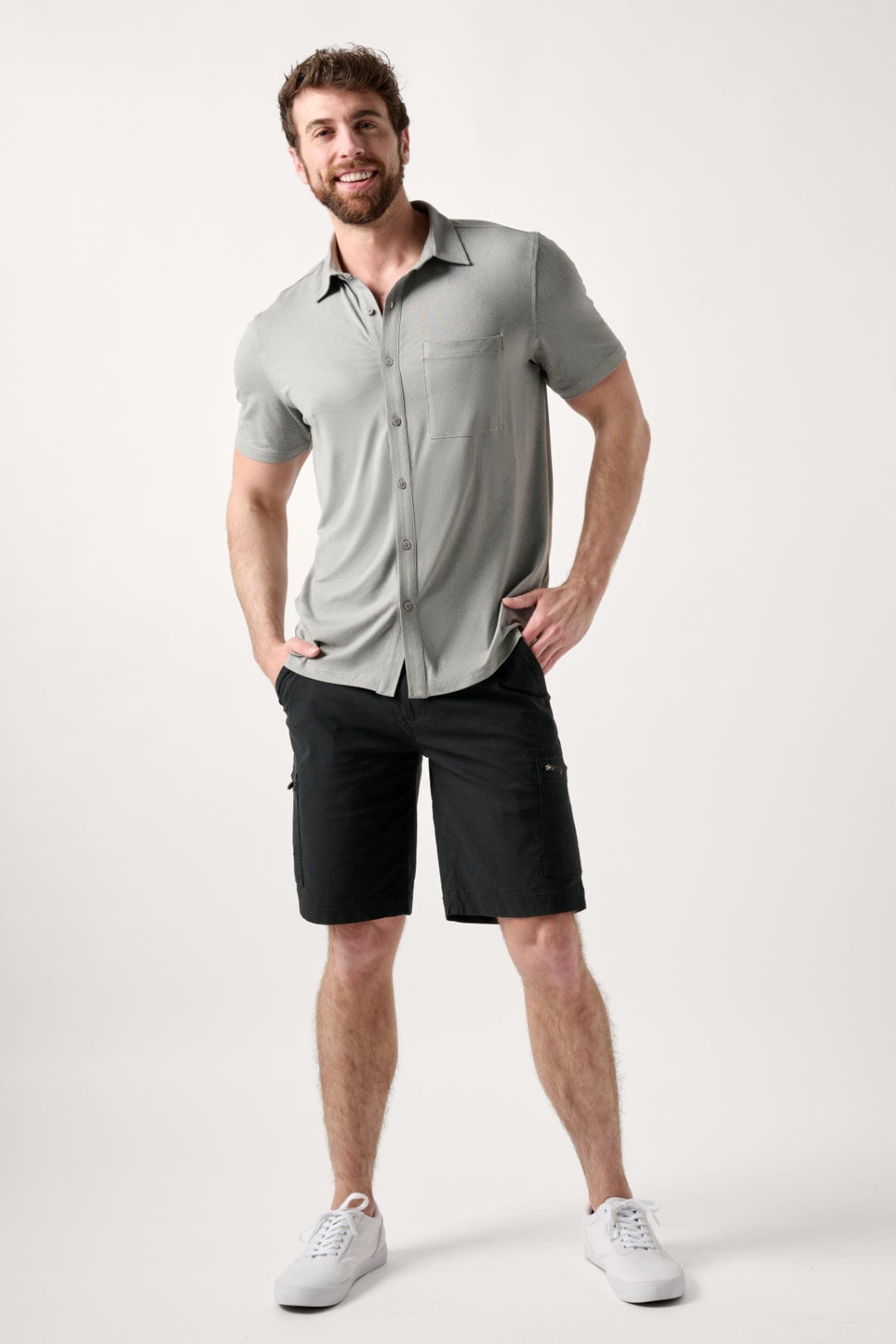 Male model dressed in casual style with the WEARFIRST All Day Performance Shirt in Gray Heather