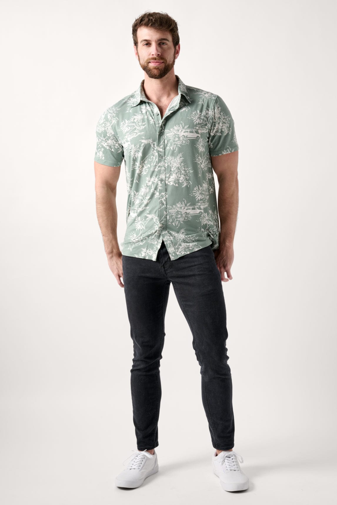 Male model dressed in the WEARFIRST Wanderer Shirt in Chinois Green Vintage Hula