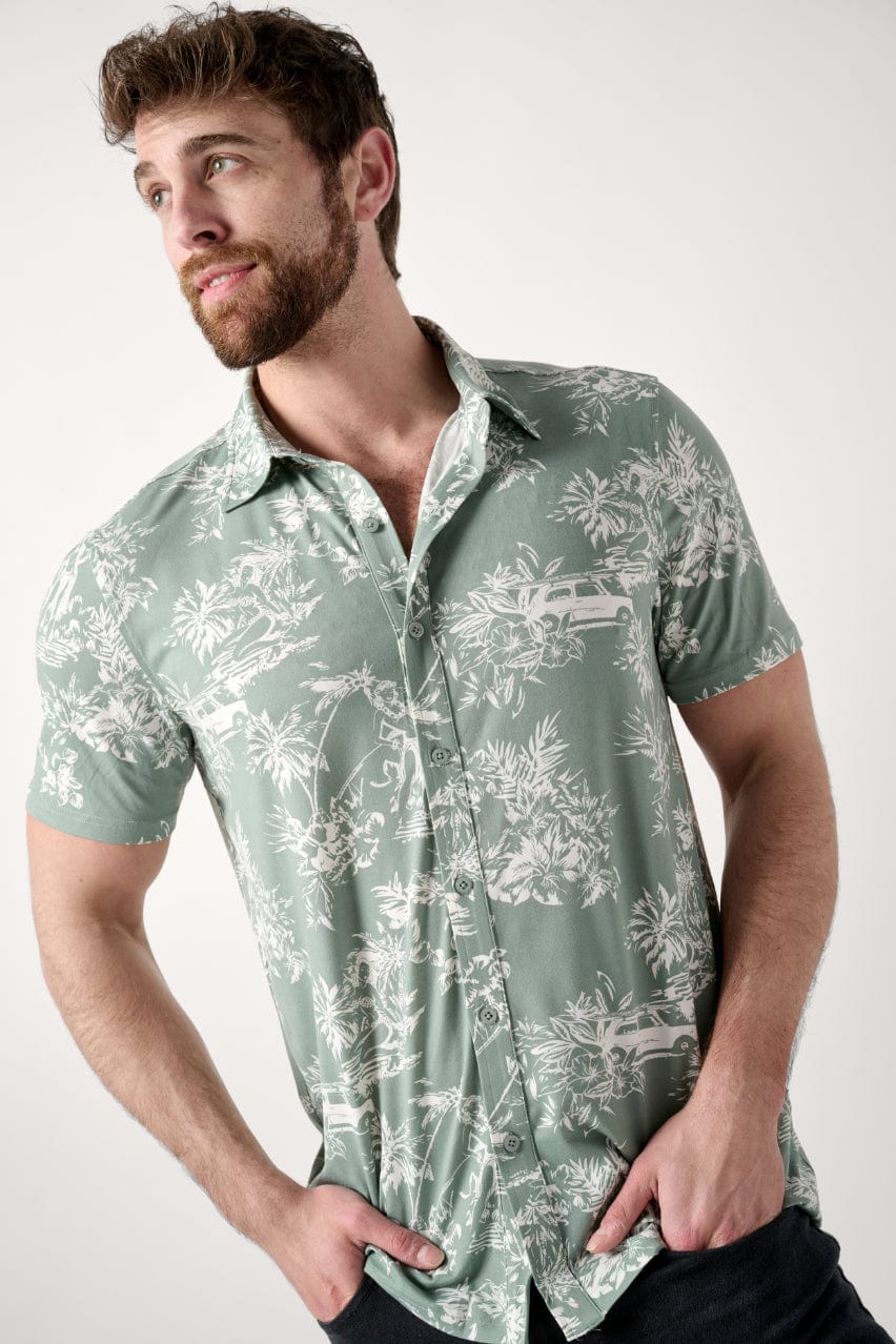 Male model dressed in the WEARFIRST Wanderer Shirt in Chinois Green Vintage Hula