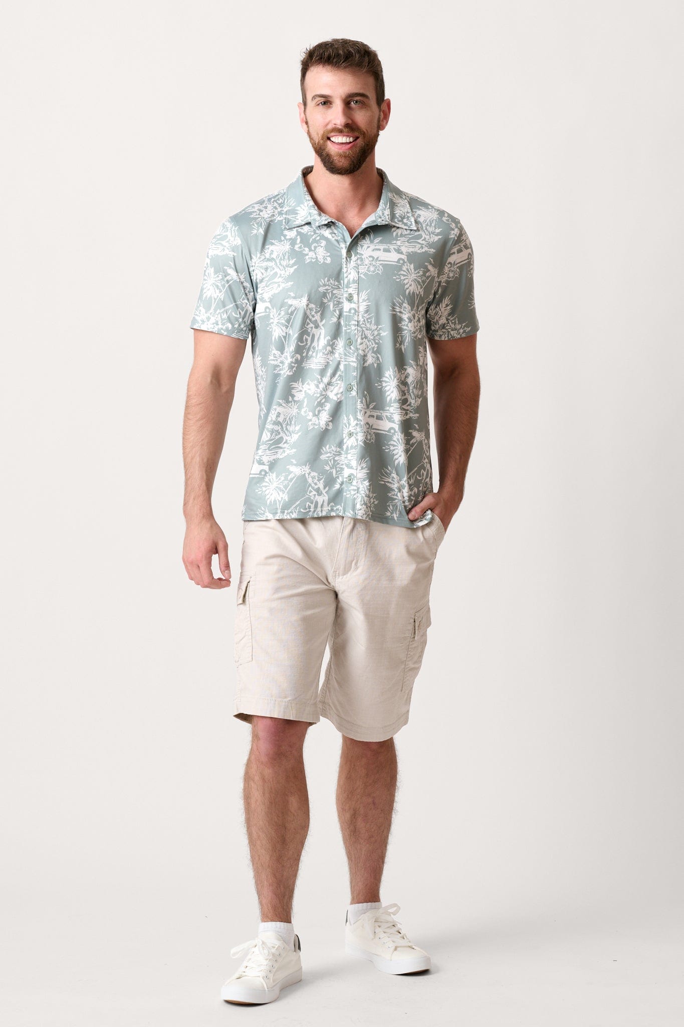 Male model dressed in WEARFIRST Caution Ripstop Day Hiker Cargo Short in Pale Tan