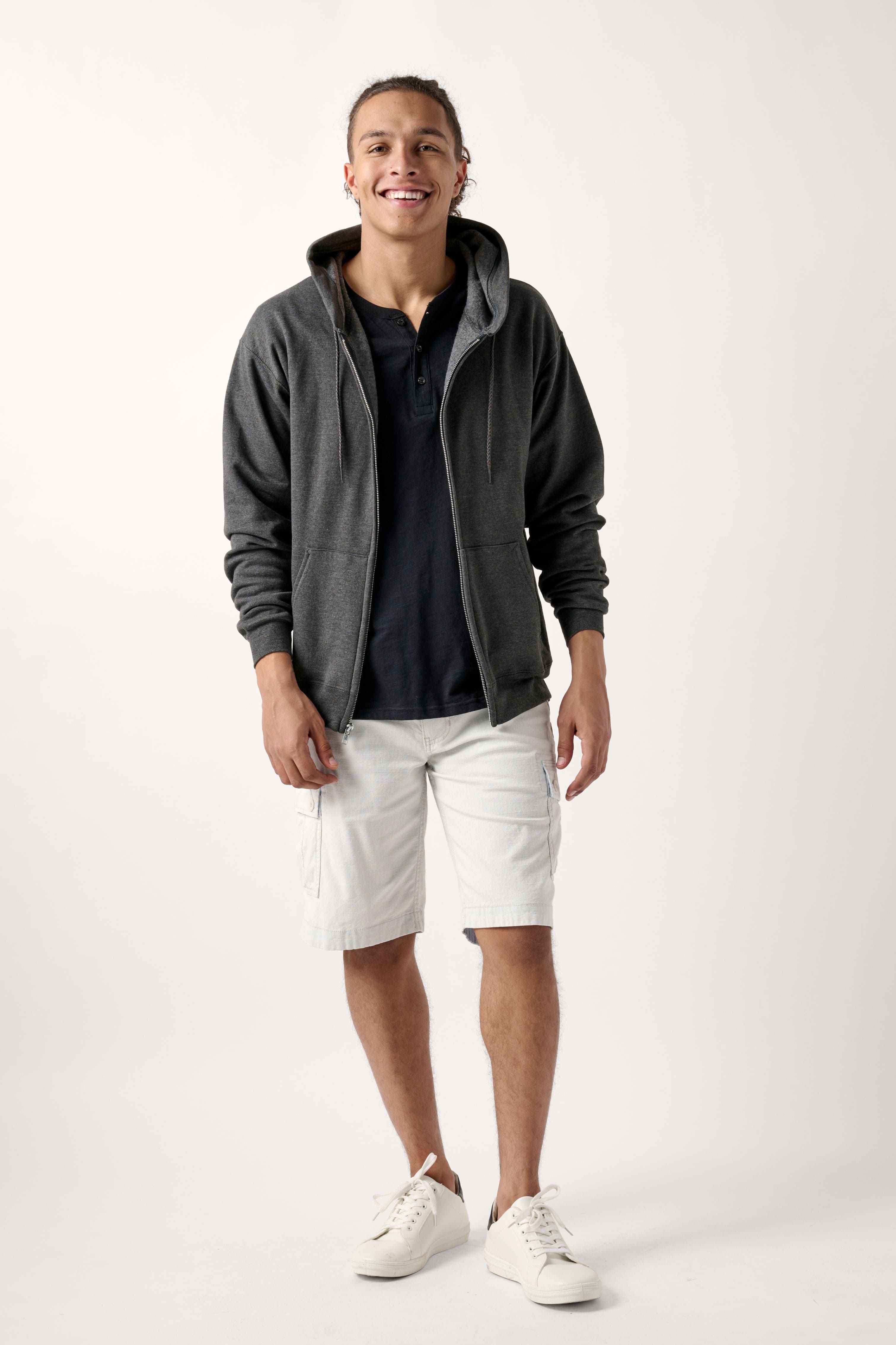Male model dressed in WEARFIRST Caution Ripstop Day Hiker Cargo Short in Dawn Gray