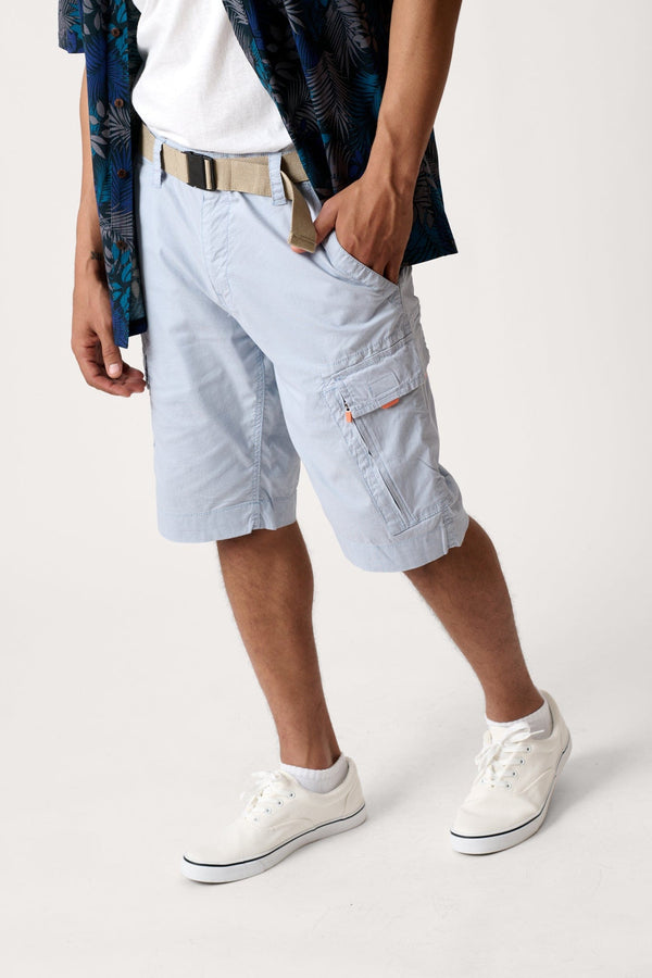Male model dressed in casual men’s style with the WEARFIRST Roam Short in Bleached Blue