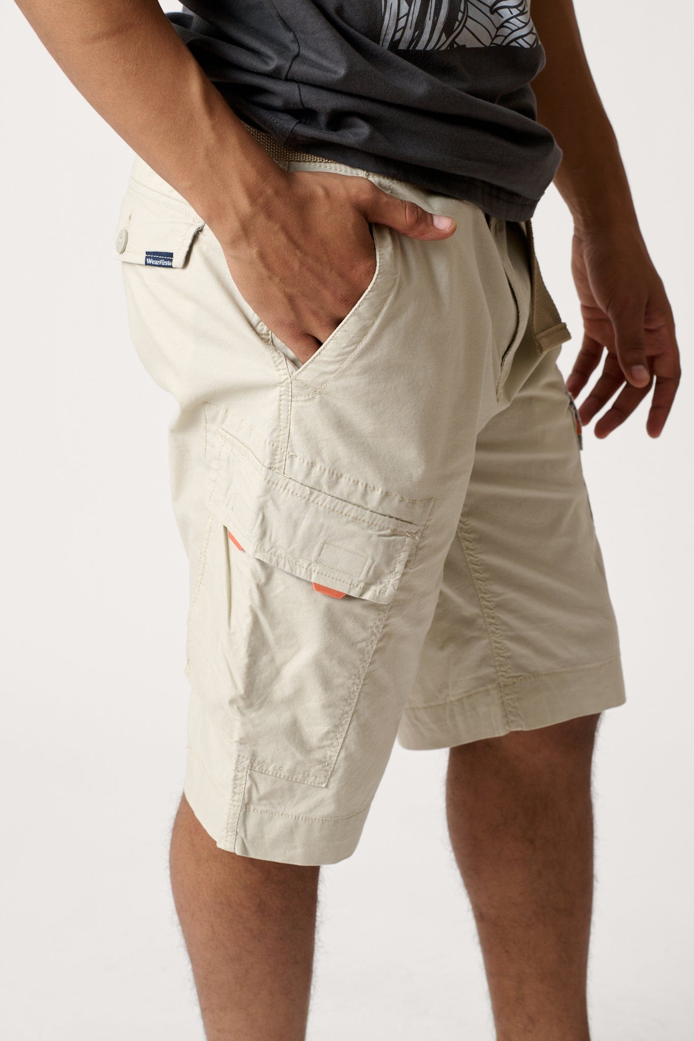 Male model dressed in casual men’s style with the WEARFIRST Roam Short in Pelican