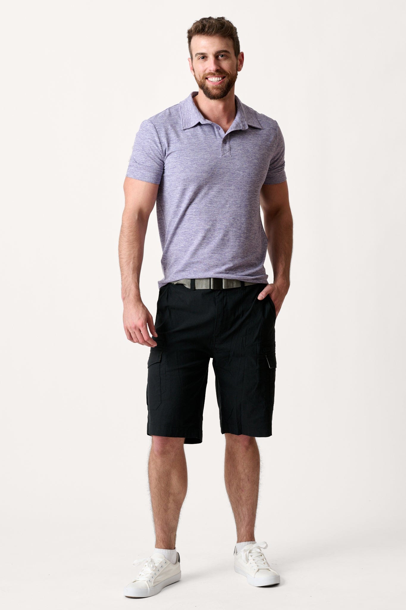 Male model dressed in hiking shorts for men with the WEARFIRST Wayfarer Cargo Short in Tap Shoe