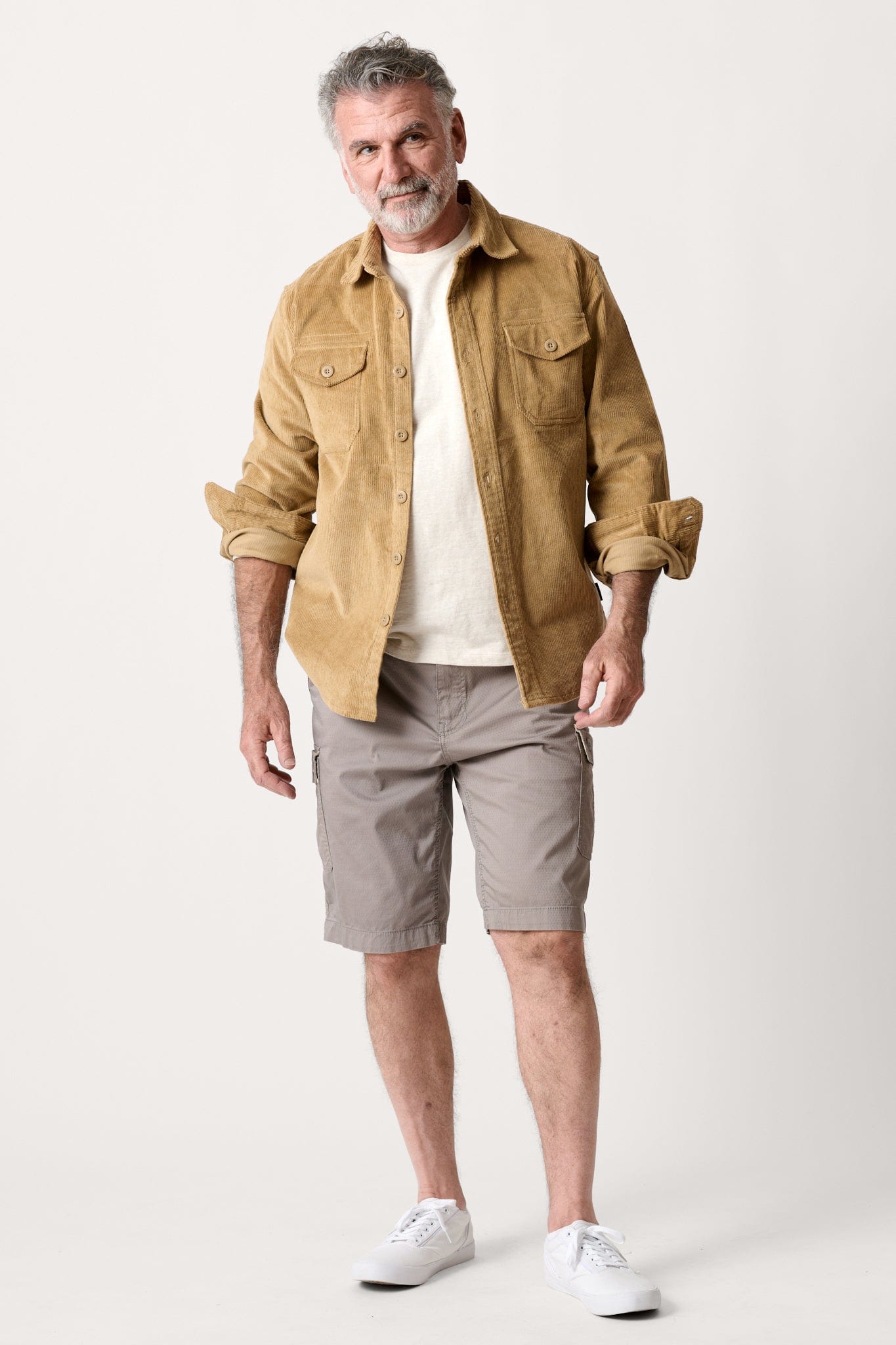 Male model dressed in casual men’s style with the WEARFIRST Stretch Texture Short in Cloudburst