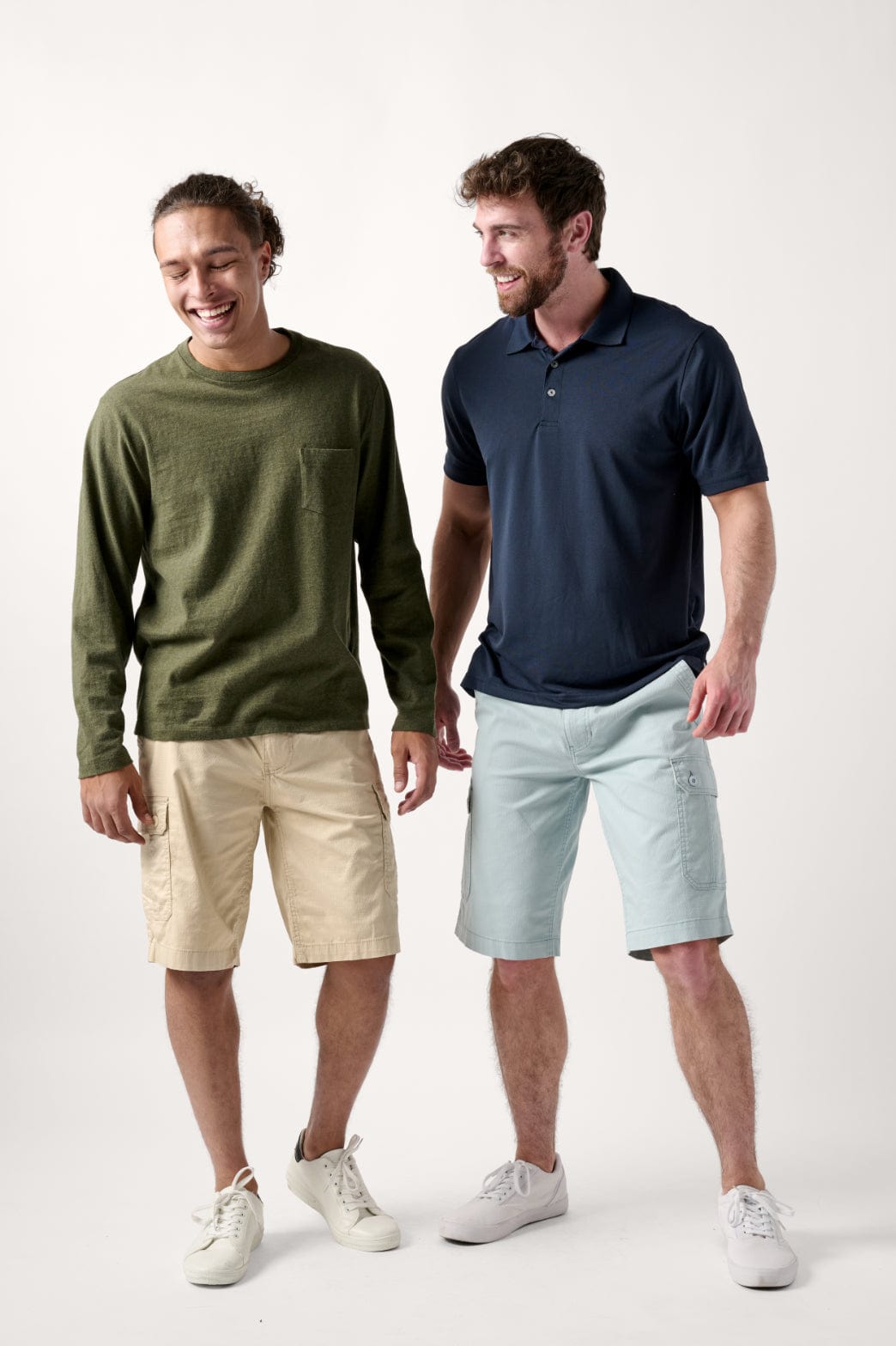 Male models dressed in WEARFIRST Stretch Texture Short in Sterling Blue and Oyster